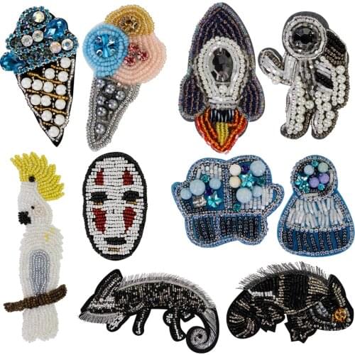 Handmade Bird Rhinestone Astronaut Rocket Beaded Lizard Patches Ice Cream Badge for Clothes Sew on Applique 2pieces P2405