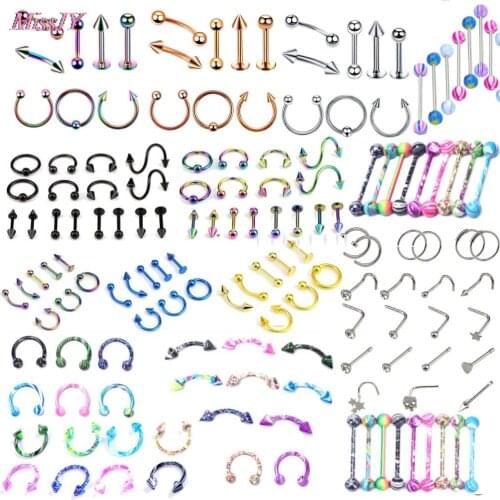 Multi-Styles Stainless Steel Eyebrow Bar Lip Nose Pircing Ear Studs Stainless Steel Mixed Body Jewelry Fashion Piercing Set