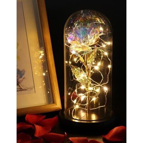 LED Enchanted Galaxy Rose Beauty And The Beast Red Rose Flower In Glass Dome Creative Valentines Day Gift Multi Color and Bases