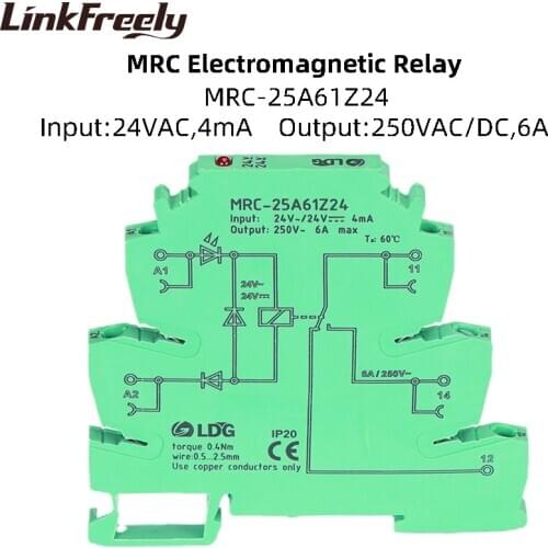 MRC-25A61Z24 1Z 24VAC Coil PLC Electromagnetic Contact Interface Relay Module 6A 250VAC/DC Load LED Voltage Relay Switch Din