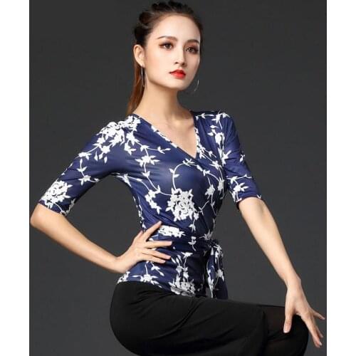 Fashion Print Latin Dance Tops New Adult Female Half Sleeved Practice Clothes Women Ballroom Dance Stage Performance Costumes