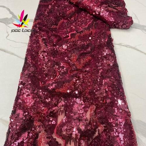 High Quality Sequin Tulle French Lace Fabric Blue Color Embroidered Leaves Flower Pattern African Nigerian Latest Design Latest