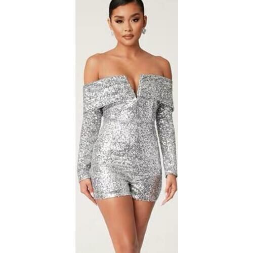 Newest women palysuit long sleeve slash neck line off the shoulderSequined V neck Club evening celebrity luxury jumpsuits party