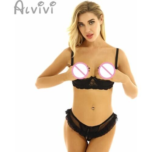 Alvivi Women Lace Lingerie Set Sexy Erotic Hollow Out Nipples Bra Top With Crotchless Open Butt Briefs Underwear Night Clubwear