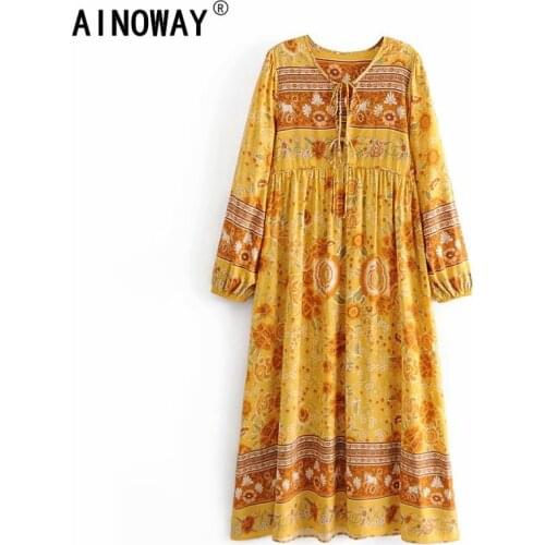 Yellow Floral print beach Bohemian Vintage Chic women flare sleeve v-neck Maxi dress rayon cotton Boho dress