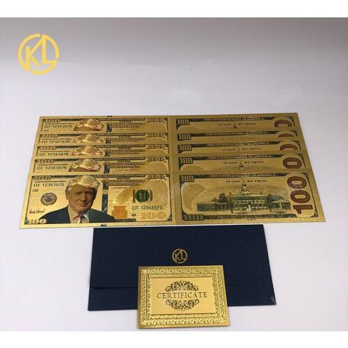 10pcs Trump Gold Plated 100 Dollars Antique Plated Commemorative Notes Gifts Collection Realistic Souvenir Fake Money Coin