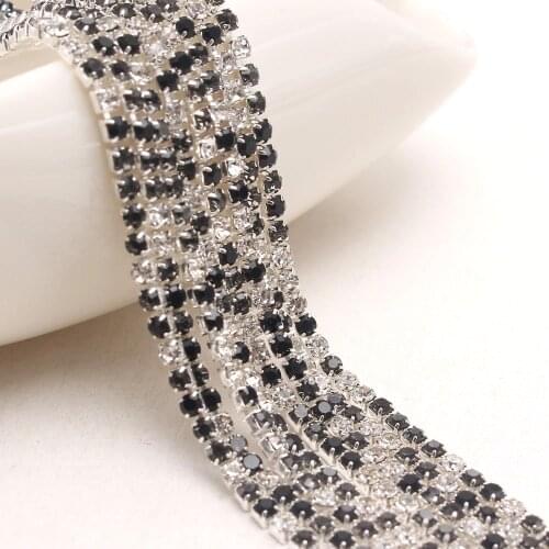 10Yard Bling Black+Clear Gradient DIY Dense Silver Base Claw Crystal Rhinestones Chain For Wedding Clothing Art Decoration