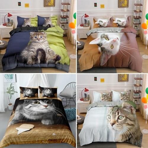 2/3pcs Modern Cute Cat Duvet Cover Microfiber 3D Animal Quilt Comforter Covers Single Double Queen King Bedding Set