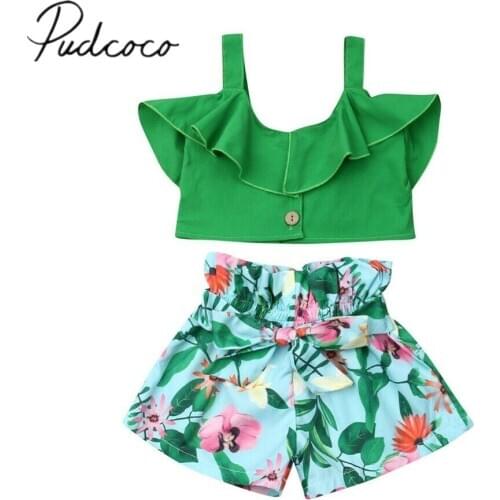2019 Baby Summer Clothing Toddler Baby Girls Clothes Sets Green Vest Crop Tops Flamingo Sash Short Pants Outfits Clothes 1-6Y