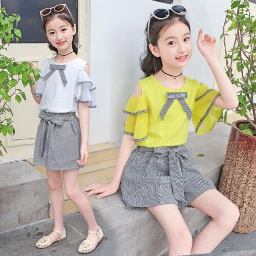 2021 New Summer Girls Sets Two Pieces Chiffon Kids Clothes Set T Shirt & Pants Plaid Children Clothing 4 5 6 8 9 10 11 12 Years