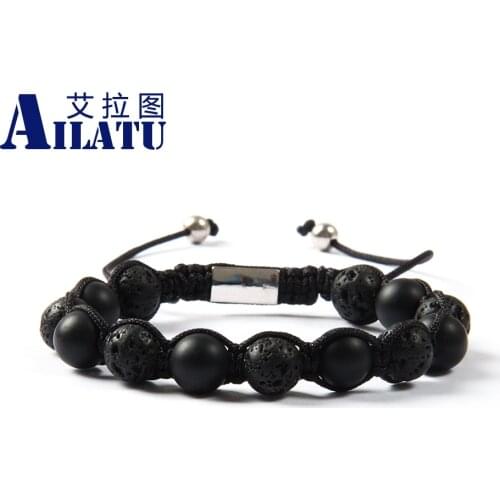 Ailatu Wholesale 10pcs/lot 10mm High Quality Lava Rock Stone with Natural Matte Onyx Beads Macrame Bracelet for Mens Gift