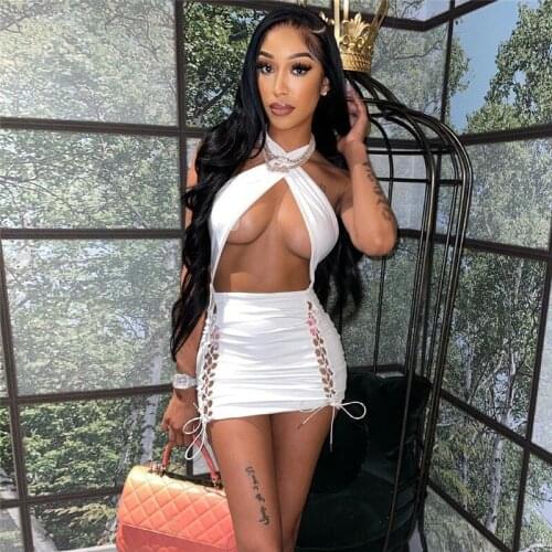 BoozRey Summer New Womens Dress Neckline Sexy Party Club Open Back and Navel Fashion Tie Wrap Hip Dress Woman