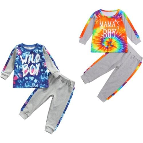 FOCUSNORM 1-6Y Toddler Kids Boy Clothes Sets Long Sleeve Tie-dyed Letter Printed Pullover Tops Long Pant 2PCS Autumn