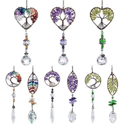 H&D 3pcs Rainbow Quartz Natural Stone Suncatcher Window Hanging Tree of Life Ornament Healing Crystals Ball Prism Drop Pendant