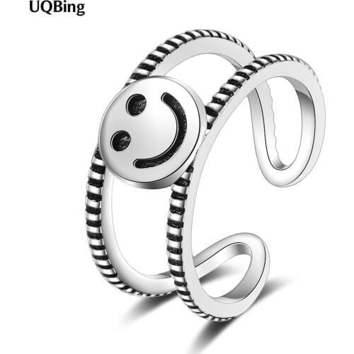 Ins Style 925 Sterling Silver Smiley Double Layer Adjustable Rings For Women Twisted Band Vintage Jewelry