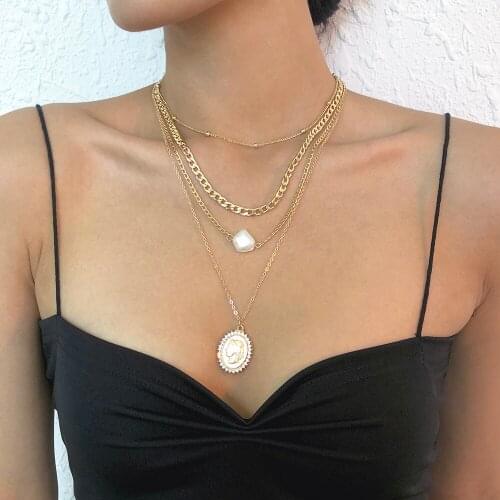 Lalynnly Punk Portrait Coin Imitation Pearls Pendant Necklace For Women Rhinestone Necklace Wholesale Multilayer Necklace N8634