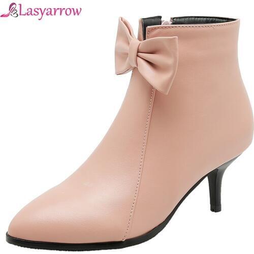 Lasyarrow 2019 Autumn Sweet Bowtie Lovely Stiletto Lolita Shoes High Heel Ankle Boots for Women Pink Beige Bow Bootie Shoe J1039