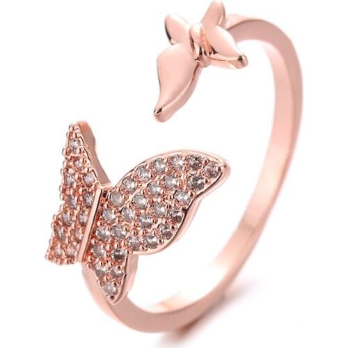 Cute Lovely Butterfly Open Rings For Women Shiny Crystal Zircon Paved Romantic Rose Gold Wedding Ring Jewelry Female Trendy Gift