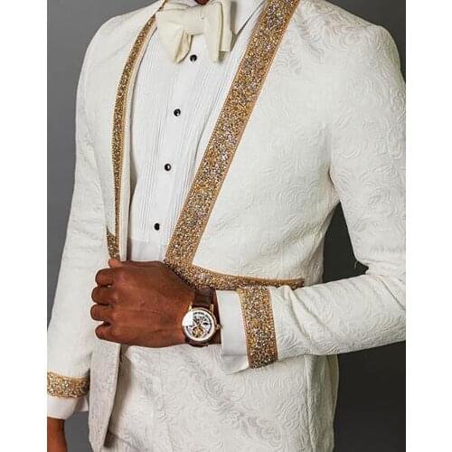 Men Suits Groom Terno Masculino Printed Sequins 2 pieces Blazer Tuxedo For Wedding Groom Banquet Suit (Jacket+Pants)