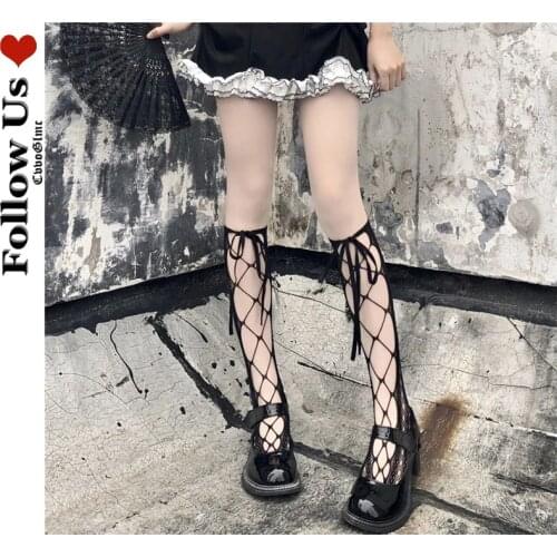 Japanese Hollow Knee High Socks Gothic Bottoming Long Stockings Lolita Kawaii Lace Black and White Lace Mesh Calf Socks Woman