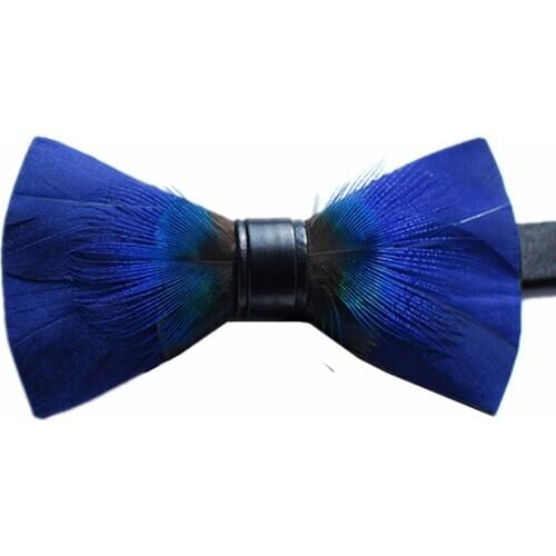 Novelty Blue Natural Feather Bow Tie Necktie for Men Wedding Party
