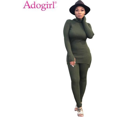 Adogirl Plain Cotton Csual Two Piece Set Turtleneck Full Sleeve Long Slim Top + Skinny Pants Leggings Autumn Winter Apparel