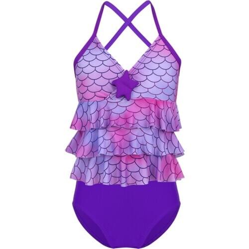 Oyolan 2PCS Kids Girls Tankini Mermaid Scales Printed Starfish Bikini Swimsuit Swimwear Bathing Suit Set Tops with Bottoms