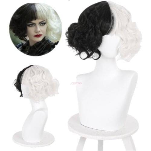 Movie Cruella de Vil Cruella Wig Emma Stone Short Black White Curly Hair Wigs Cosplay Props