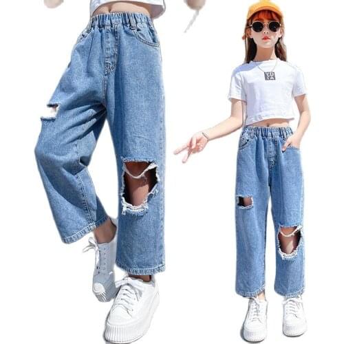 Casual Teenage Girls Jeans 2021 New Summer Fashion Knee Broken Wide Leg Denim Pants Children Leggings Boutique Kids Clothing 14Y