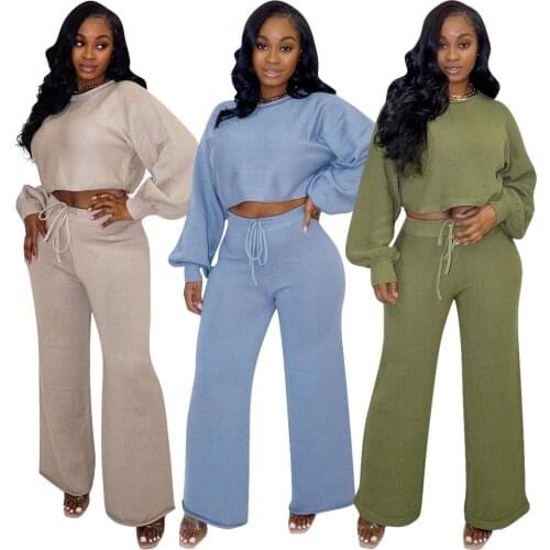 Adogirl Casual Knitted Solid Two Piece Set Womens Clothing Crop Top + Drawstring Wide Leg Pants Fitness Activewear Outfits
