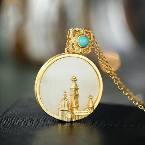 S925 Sterling Silver Hetian Jade round Castle Pendant Womens Personalized Cartoon Creative Simple Necklace Pendant Clavicle Cha