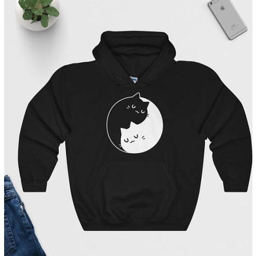 Yin Yang Cats Hoodie Hoody - Cute Top - Funny Cat Lovers Peace - Graphic Hoodie - Unisex black white grey hoodie casual tops