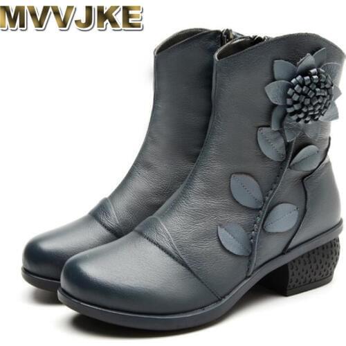 MVVJKE Winter Fashion Shoes Women Women Boots Shoes Woman Handmade Vintage Genuine Leather Low-Heeled Shoe