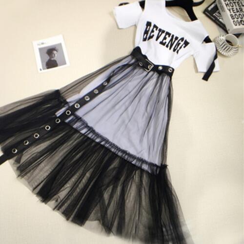 Summer 2020 New Womens Letter print Strapless Long T-shirt +Mesh See Through Skirt 2 Piece Sets Fashion Belt Skirts Suits