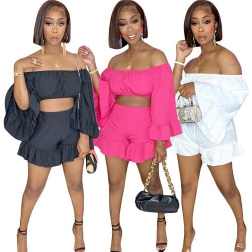 Two Pieces Women Sets 2021 Solid Color Sexy Crop Top Biker Shorts 2 Pieces Set Summer Fashion Streetwear Outfits Tracksuit