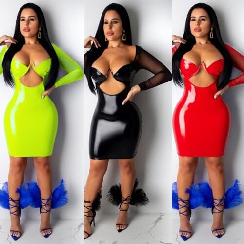BKLD Women Hollow Out Nightclub Mini Dress 2019 Autumn Sexy Sheer Mesh Long Sleeve PU Leather Dress Bodycon Short Party Vestidos