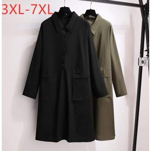 New Ladies Spring Autumn Plus Size Shirt Dress For Women Large Long Sleeve Loose Cotton Pocket Midi Dress 7XL