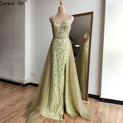 Serene Hill Luxury V-Neck Olive Green Evening Dress 2020 Sleeveless Spaghetti Diamond Mermaid Beading Formal Party Gown CLA70564