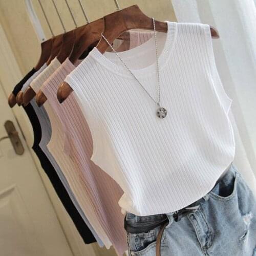 Summer Round Collar Vest Women T-shirts Wide Shoulder Strap All-match Ice Silk Thin Inner Sleeveless Knitted Solid Outer Top