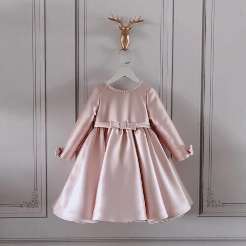 Beads Satin Christening Gown Long Sleeve Baby Girl Dresses Bow-knot Baptism Infant Outfits for Birthday Party Princess Costume