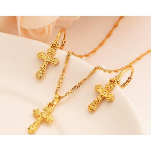 Bangrui New Ethiopian Cross set Jewelry Pendant Chain/Earrings Necklace Gold Color Christian