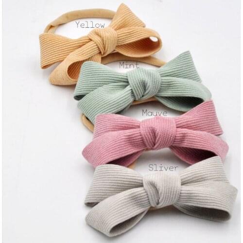 3" Handtied Corduroy Bow Nylon Headband or Flat Back Girls Fabric Bow Hair Accessory Autumn Winter hair bows with clips