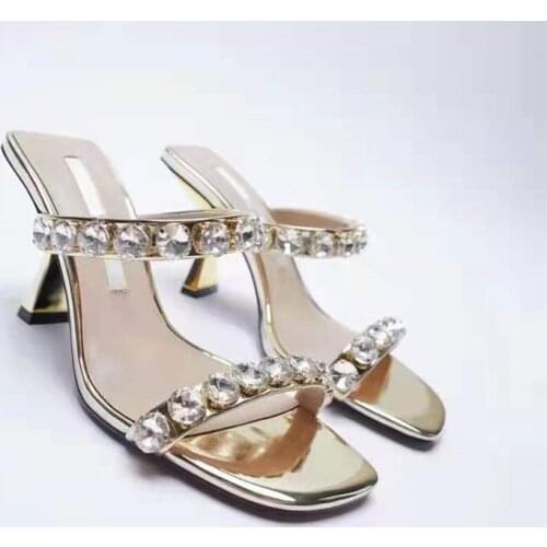 Beige Heeled Sandals Slippers Casual Shoes Woman 2021 Rivet Pantofle Black Luxury Thin High Summer New Silver Soft Basic Buckle