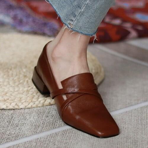 Spring/Autumn Low-heeled Pumps Women Shoes Genuine Leather Loafers Office/Career Shoes Female Cross-tied Basic Pumps Boat Shoes
