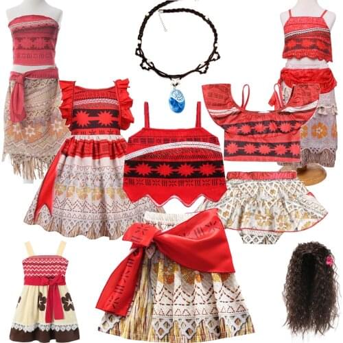 Kids Moana Christmas Costume for Girls Straps Backless Vaiana Summer Dress Wig Children Baby Clothes Carnival Birthday Attire