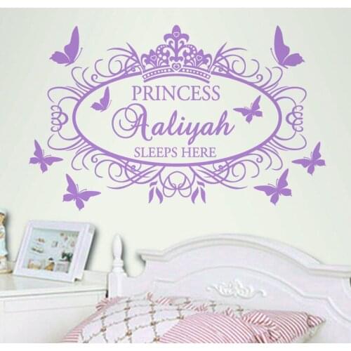 DIY Princess Crown Butterflies Personalized Custom Name Wall Stickers Nursery Decor Kids Room Wedding Hall Wall Stickers