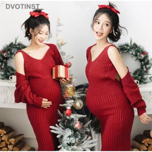 Dvotinst Women Photography Props Maternity Tank Dresses Pregnancy Red Christmas New Year Dress Cardigans 2pcs Studio Clothes