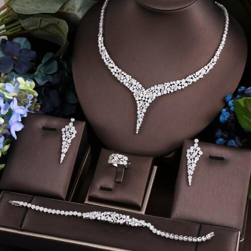 Janekelly 4pcs Bridal Zirconia Full Jewelry Sets For Women Party, Luxury Dubai Nigeria CZ Crystal Wedding necklace sets