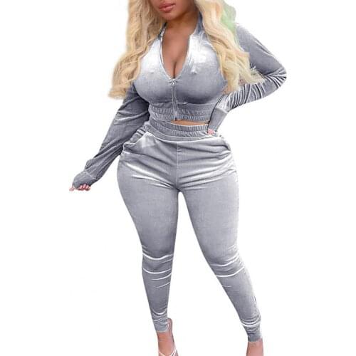 Pant Sets Autumn Winter Women Leisure elegance Zipper Coat Crop Top Skinny Pants Velvet Outfit Tracksuit Womens Clothing 2021