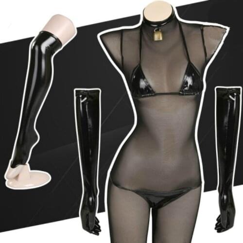 Cos Anime Cosplay Costume Lacquer Bikini Set Bronzing Leather Hot Sexy lingerie Net Jumpsuit Black Bikini